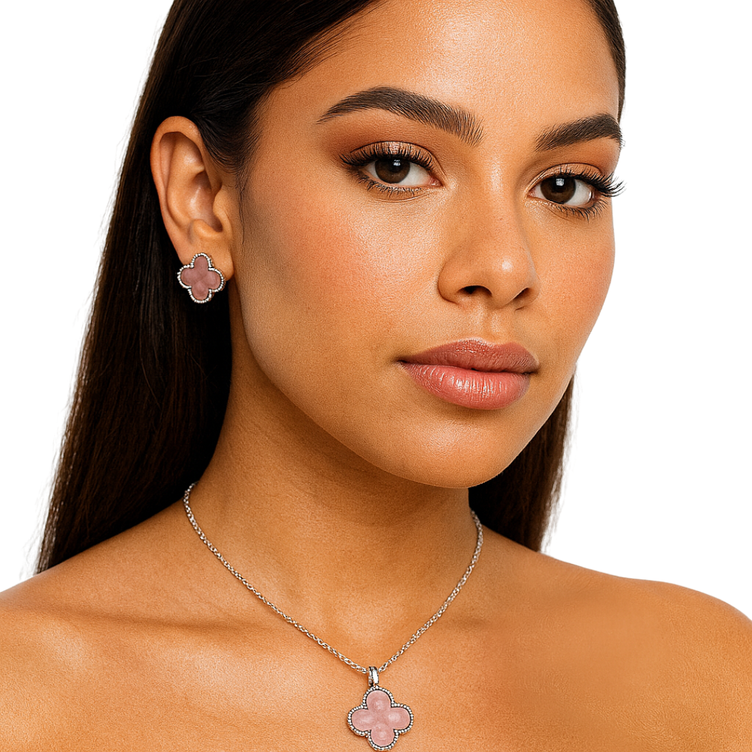 Valentina Pink Clover Enamel Necklace &amp; Earrings Jewelry Set by Farmacias Savia