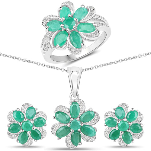 7.84 Carat Genuine Emerald and White Topaz .925 Sterling Silver 3 Piece Jewelry Set (Ring, Earrings, and Pendant w/ Chain) by Bids.com