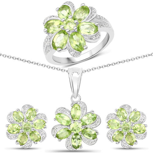 8.04 Carat Genuine Peridot and White Topaz .925 Sterling Silver 3 Piece Jewelry Set (Ring, Earrings, and Pendant w/ Chain) by Bids.com