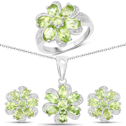 8.04 Carat Genuine Peridot and White Topaz .925 Sterling Silver 3 Piece Jewelry Set (Ring, Earrings, and Pendant w/ Chain) by Bids.com