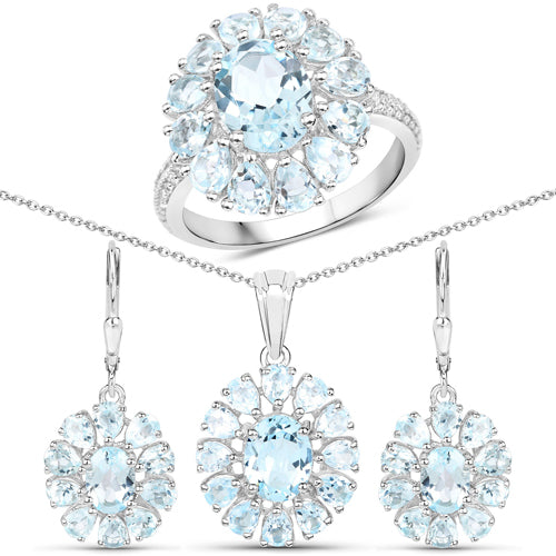 14.02 Carat Genuine Blue Topaz and White Topaz .925 Sterling Silver 3 Piece Jewelry Set (Ring, Earrings, and Pendant w/ Chain) by Bids.com