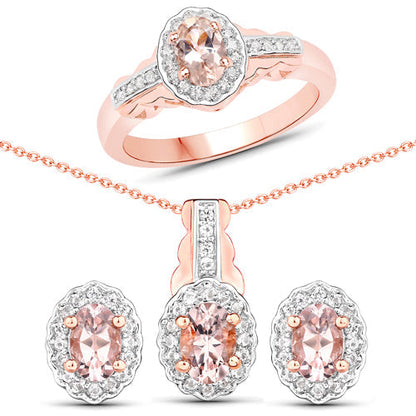1.98 Carat Genuine Morganite and White Topaz .925 Sterling Silver 3 Piece Jewelry Set (Ring, Earrings, and Pendant w/ Chain)  DestGlow