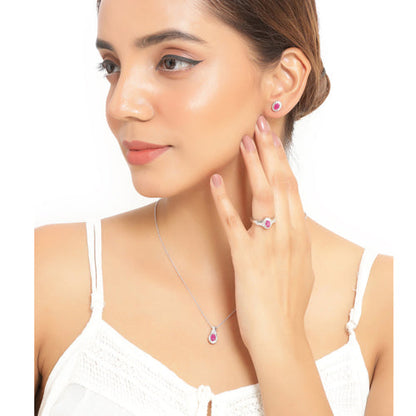 2.46 Carat Genuine Ruby and White Topaz .925 Sterling Silver 3 Piece Jewelry Set (Ring, Earrings, and Pendant w/ Chain)  DestGlow