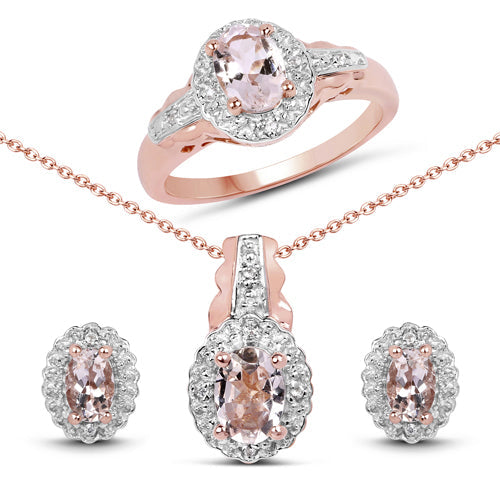 2.28 Carat Genuine Morganite and White Topaz .925 Sterling Silver 3 Piece Jewelry Set (Ring, Earrings, and Pendant w/ Chain) by Bids.com