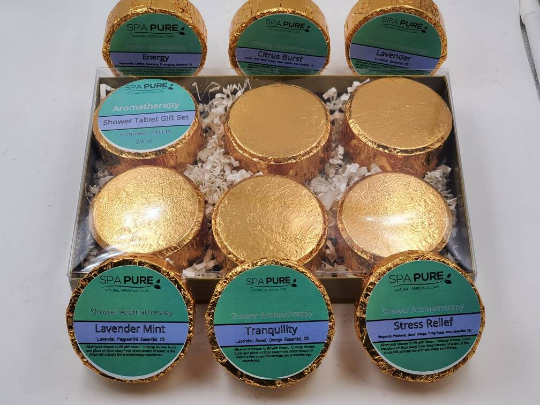 Gift Set with 6 Aromatherapy Shower Tablets - Best Sellers - GOLD - 100% Essential Oil Blends by Spa Pure