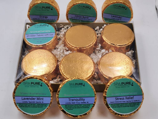 Gift Set with 6 Aromatherapy Shower Tablets - Best Sellers - GOLD - 100% Essential Oil Blends by Spa Pure