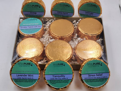 Gift Set with 6 Aromatherapy Shower Tablets - Best Sellers - GOLD - 100% Essential Oil Blends by Spa Pure