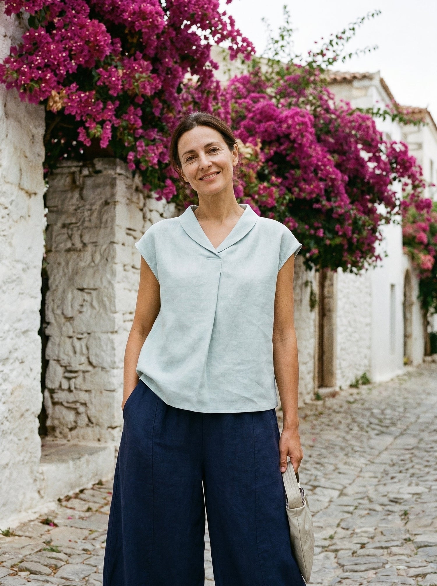 100% Linen Shawl V-Neck Cap Sleeves Top ELARA by LINTICO