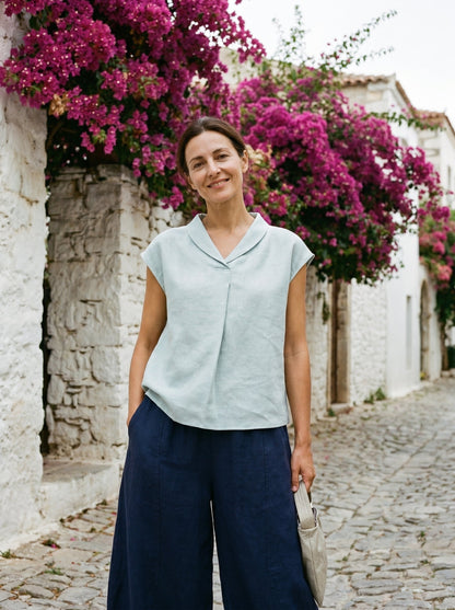 100% Linen Shawl V-Neck Cap Sleeves Top ELARA by LINTICO