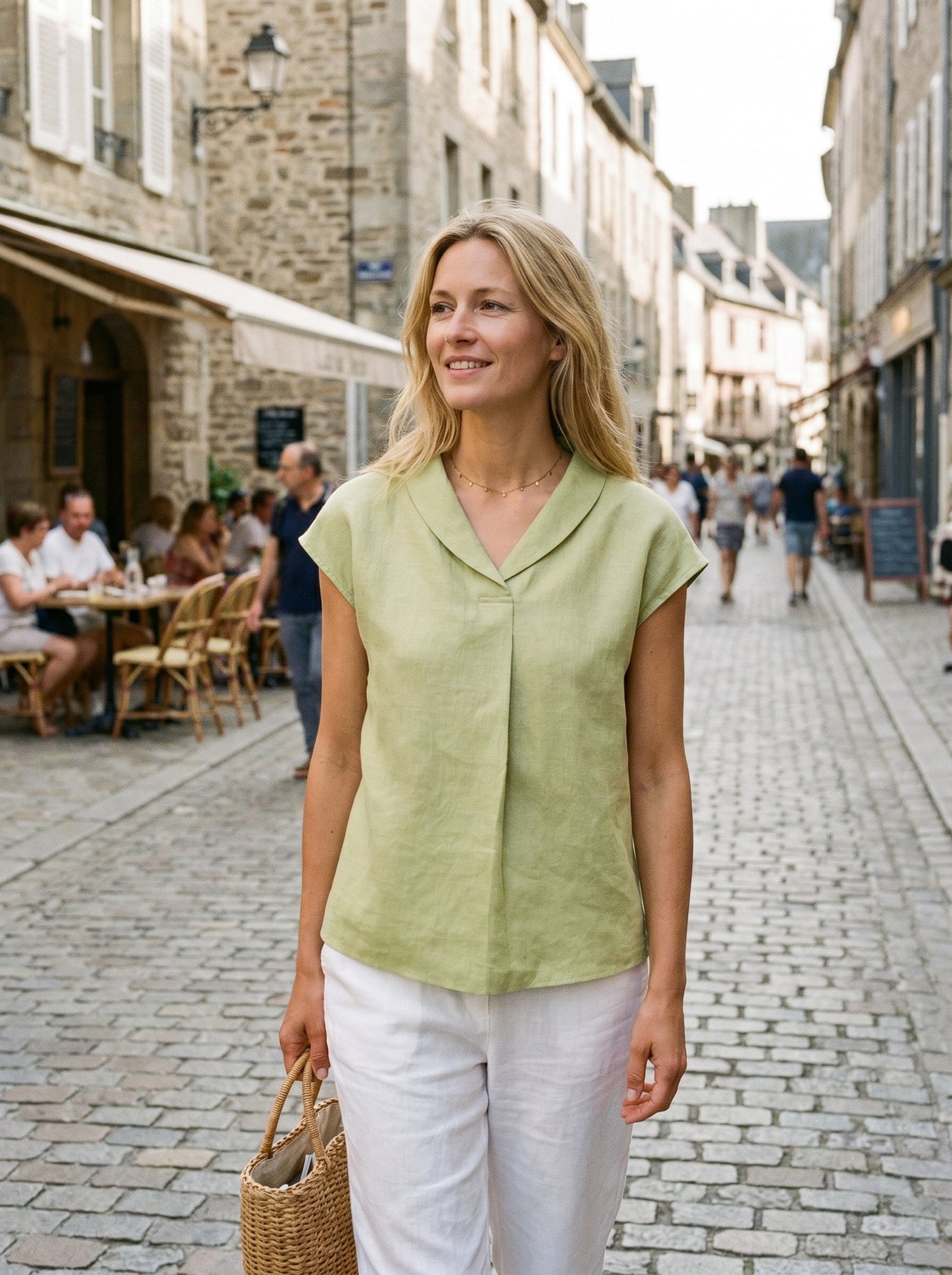 100% Linen Shawl V-Neck Cap Sleeves Top ELARA by LINTICO