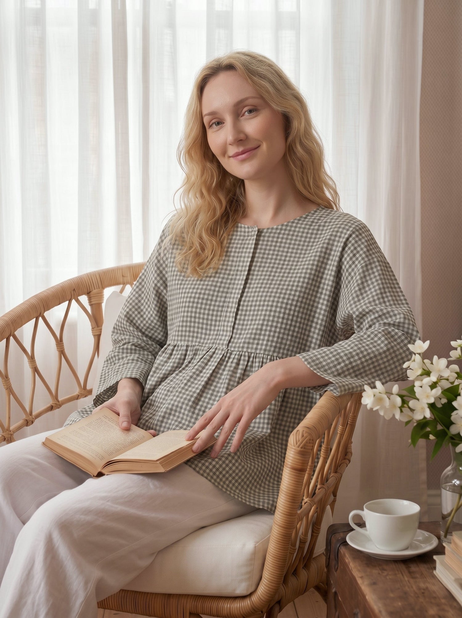Linen Checked Long-Sleeved Top CAROLINE 