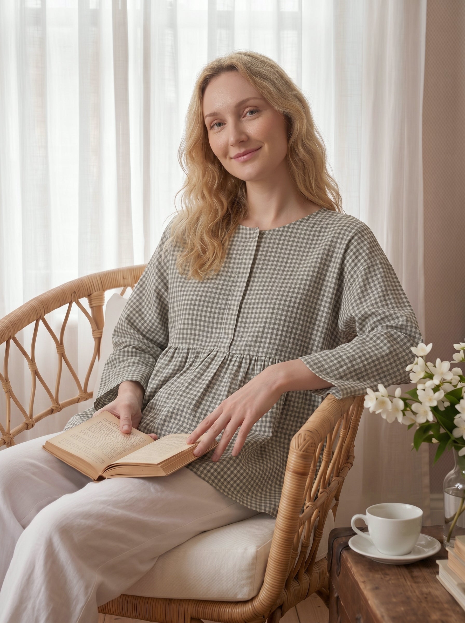 Linen Checked Long-Sleeved Top CAROLINE 