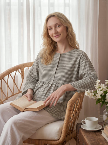 Linen Checked Long-Sleeved Top CAROLINE 