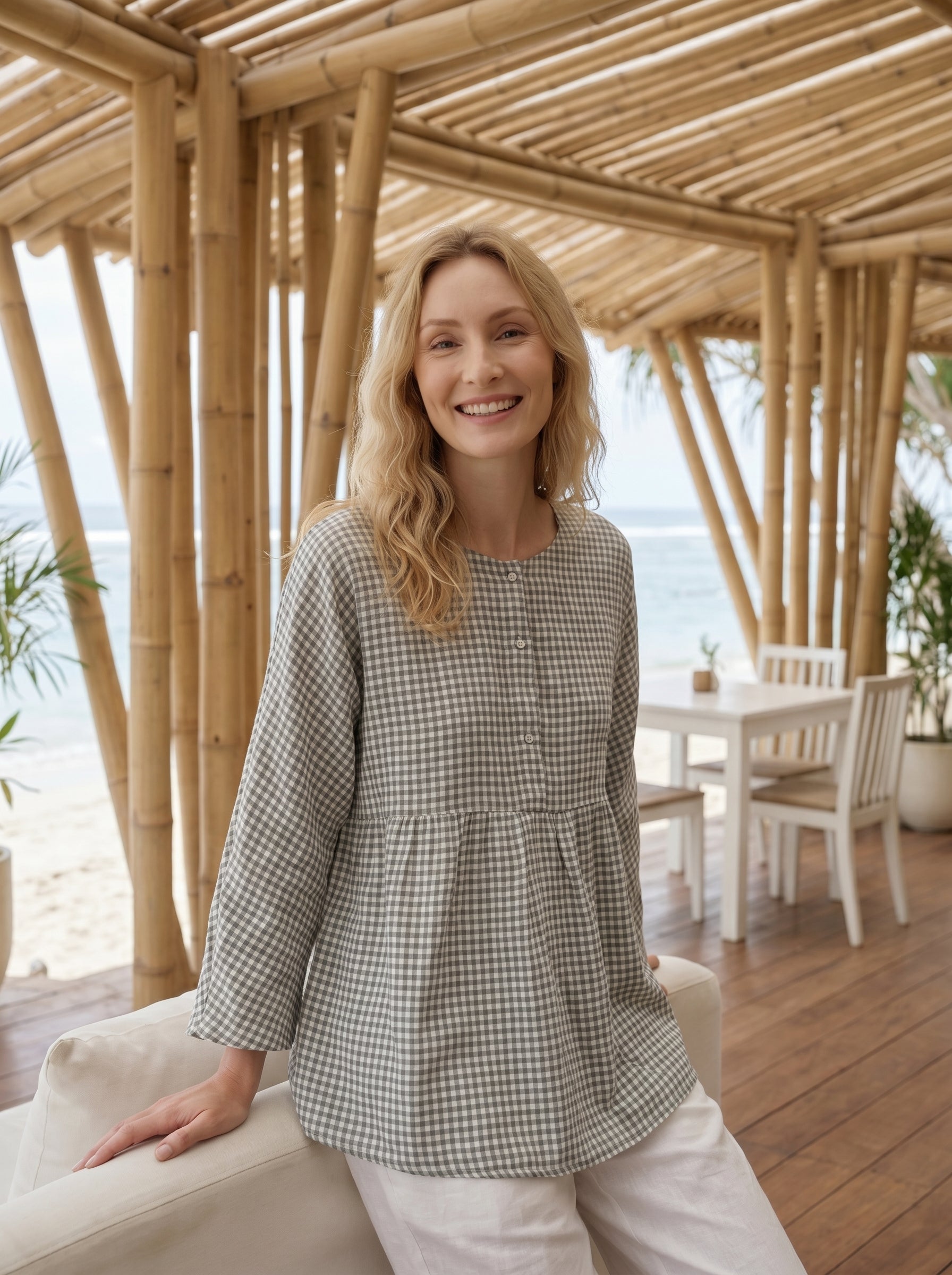 Linen Checked Long-Sleeved Top CAROLINE 