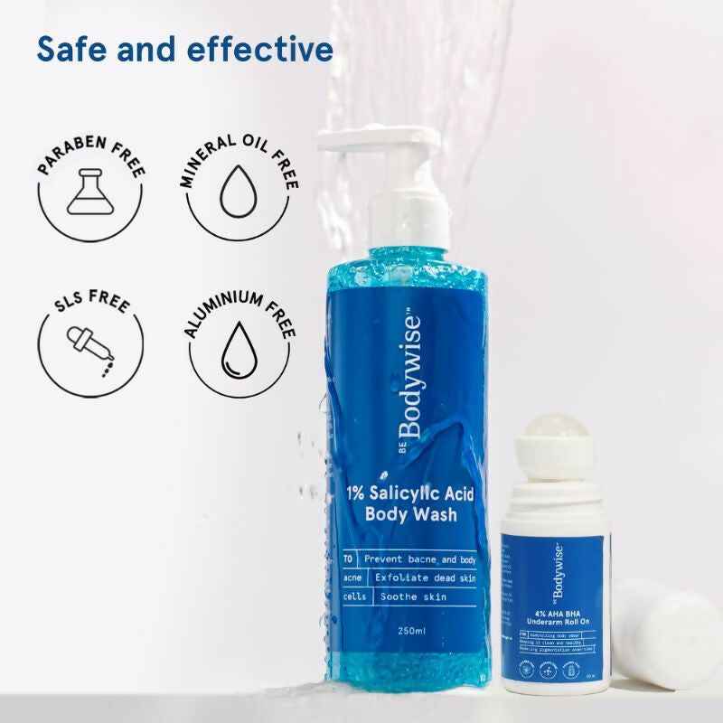 BeBodywise 1% Salicylic Acid Body Wash &amp; 4% AHA BHA Underarm Roll On - Helps Exfoliate Skin