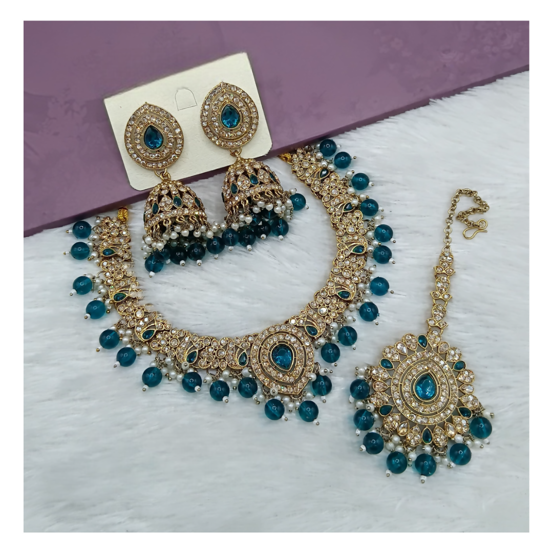 Joban Fashion Teal Blue Stone Work Necklace Set