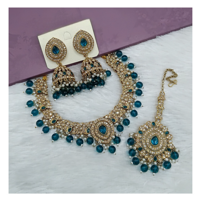 Joban Fashion Teal Blue Stone Work Necklace Set