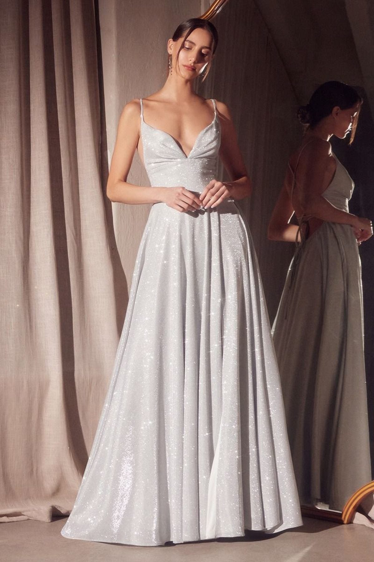 Ladivine Amoris T214 Sleeveless Spaghetti Strap A-Line Glitter Gown by DiscountDressShop