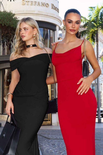 Astee T503 Off the Shoulder Halter Strap Fitted Stretch Dress by DiscountDressShop