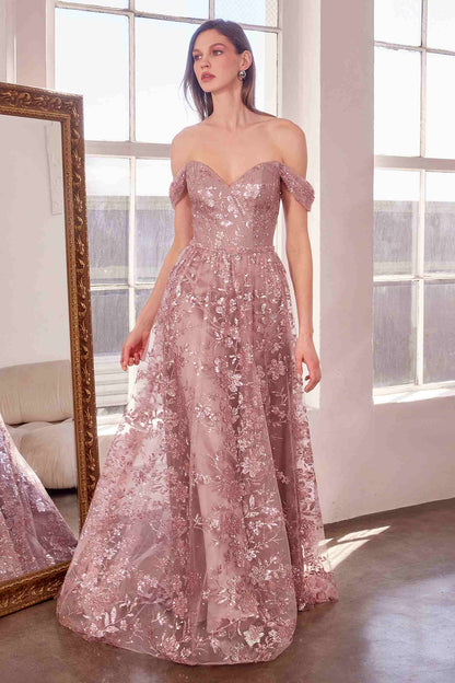 Ladivine Amoris T607 Glitter Print Off the Shoulder A-Line Prom Gown by DiscountDressShop