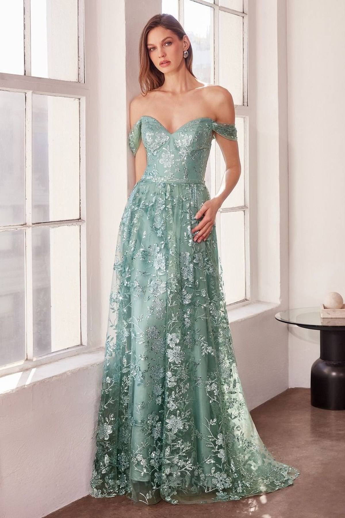 Ladivine Amoris T607 Glitter Print Off the Shoulder A-Line Prom Gown by DiscountDressShop