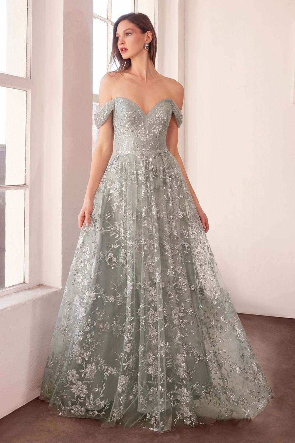 Ladivine Amoris T607 Glitter Print Off the Shoulder A-Line Prom Gown by DiscountDressShop