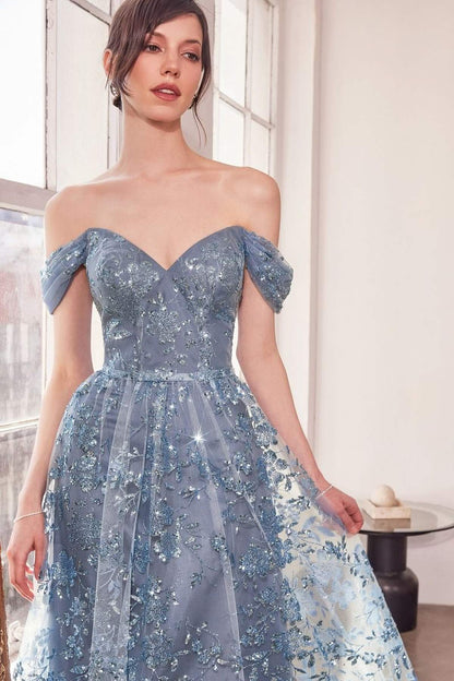 Ladivine Amoris T607 Glitter Print Off the Shoulder A-Line Prom Gown by DiscountDressShop