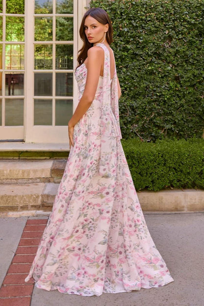 Amoris T717 Floral Chiffon A-Line Gown Corset Back - DestGlow