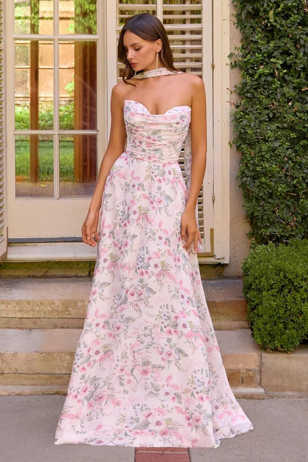 Amoris T717 Floral Chiffon A-Line Gown Corset Back - DestGlow