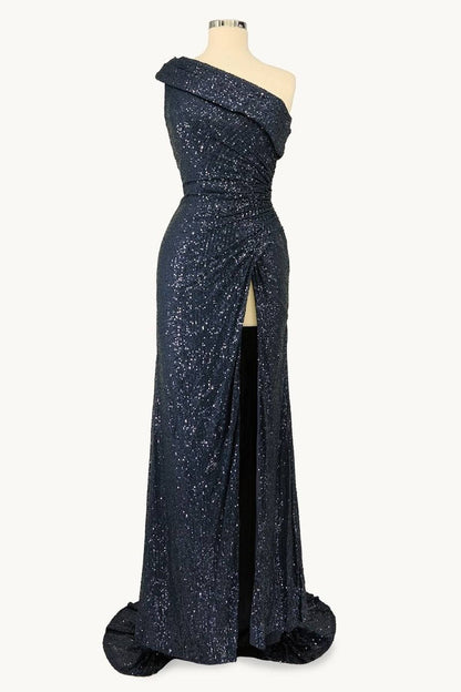 Ladivine Amoris T806 One Shoulder Evening Sequin Dress Leg Slit by DiscountDressShop