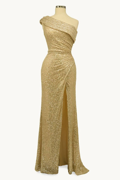 Ladivine Amoris T806 One Shoulder Evening Sequin Dress Leg Slit by DiscountDressShop