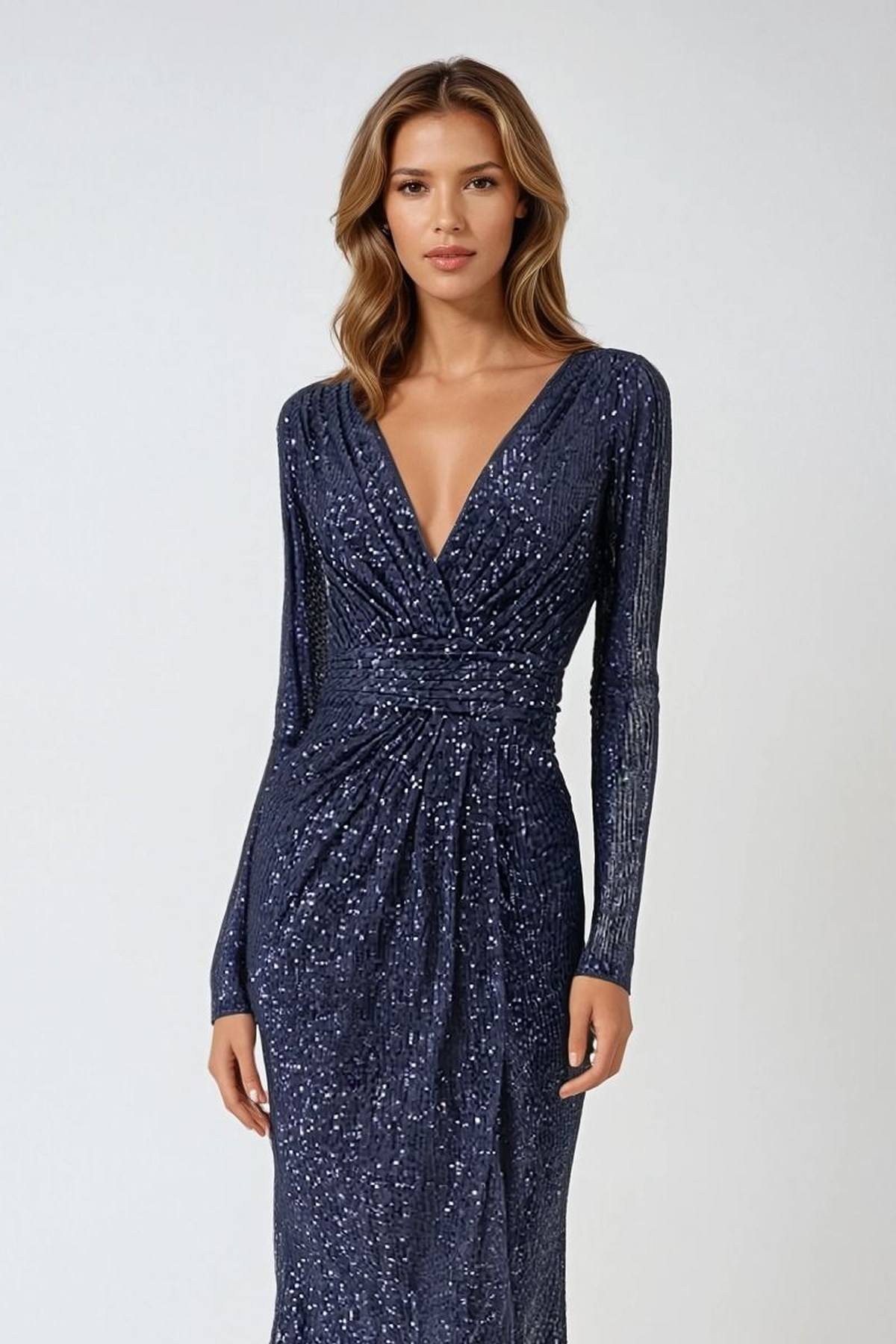 Ladivine Amoris T807 Knee Length Long Sleeve Sequin Dress V-Neckline by DiscountDressShop