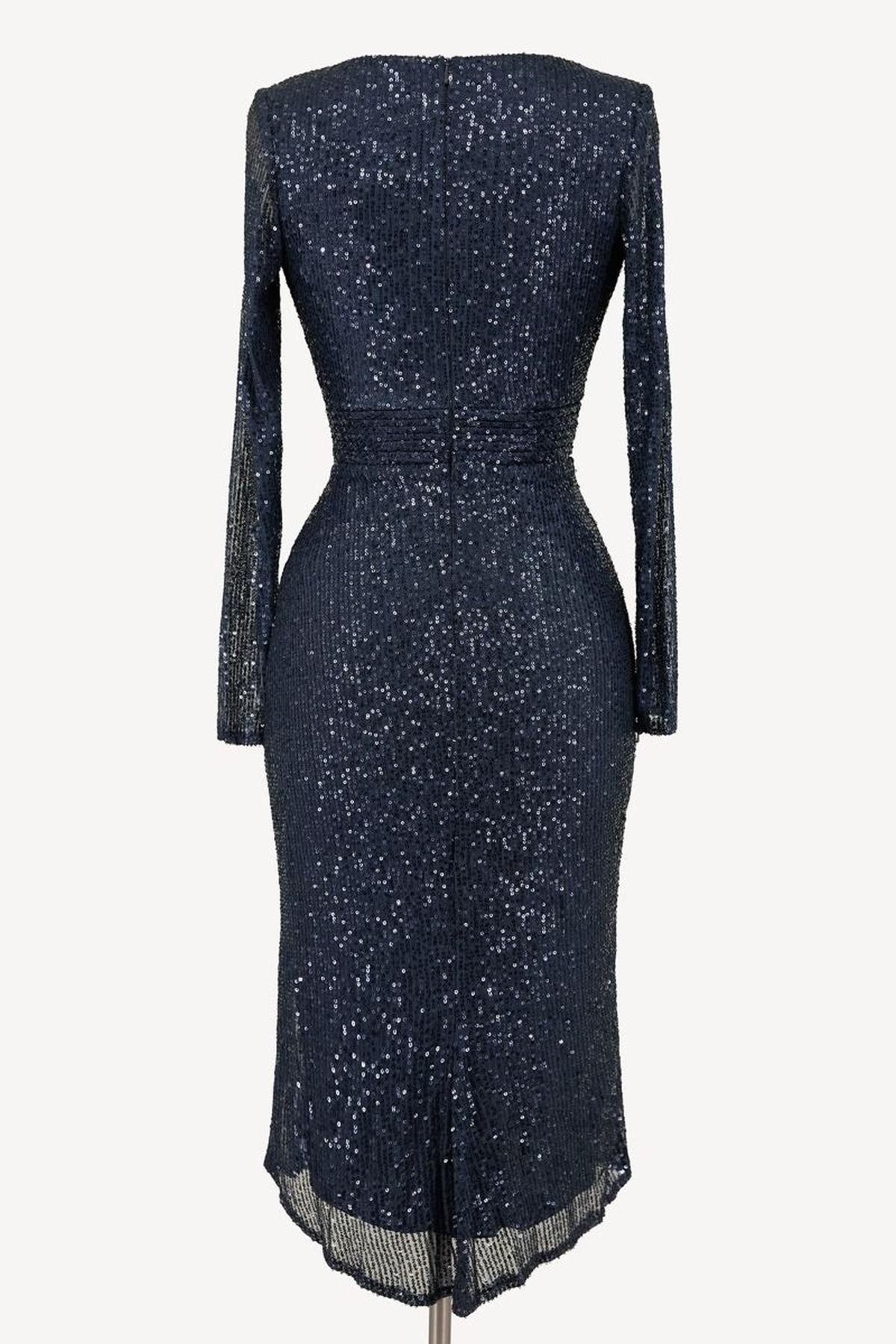 Ladivine Amoris T807 Knee Length Long Sleeve Sequin Dress V-Neckline by DiscountDressShop