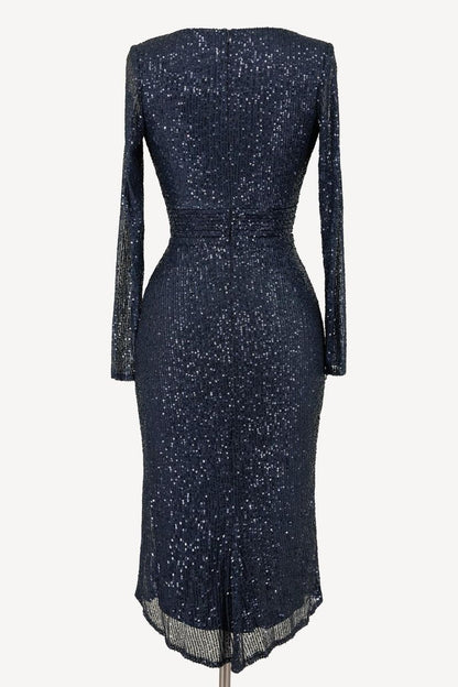 Ladivine Amoris T807 Knee Length Long Sleeve Sequin Dress V-Neckline by DiscountDressShop