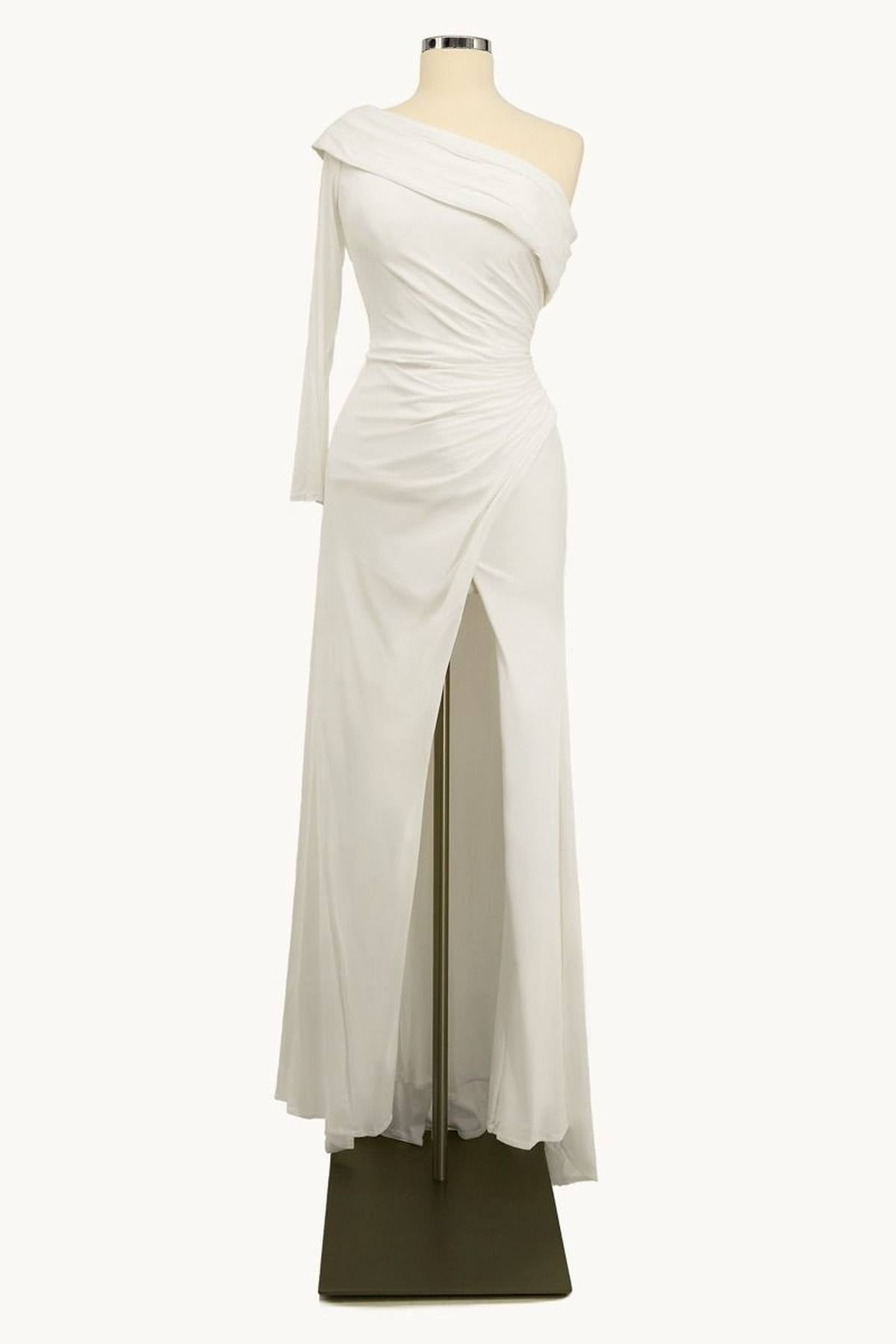 Ladivine Amoris T808 One Sleeve Off Shoulder Fitted Gown with Slit by DiscountDressShop