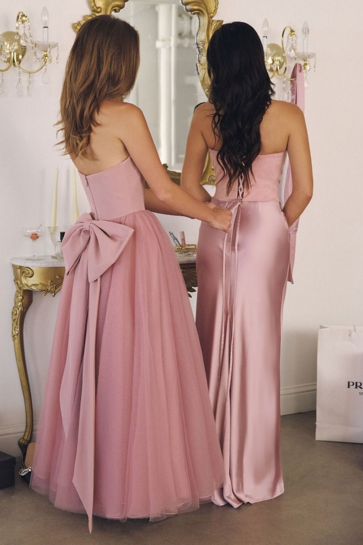 Amoris T712 Strapless Crepe Bodice A-Line Gown Layered Tulle Skirt by DiscountDressShop