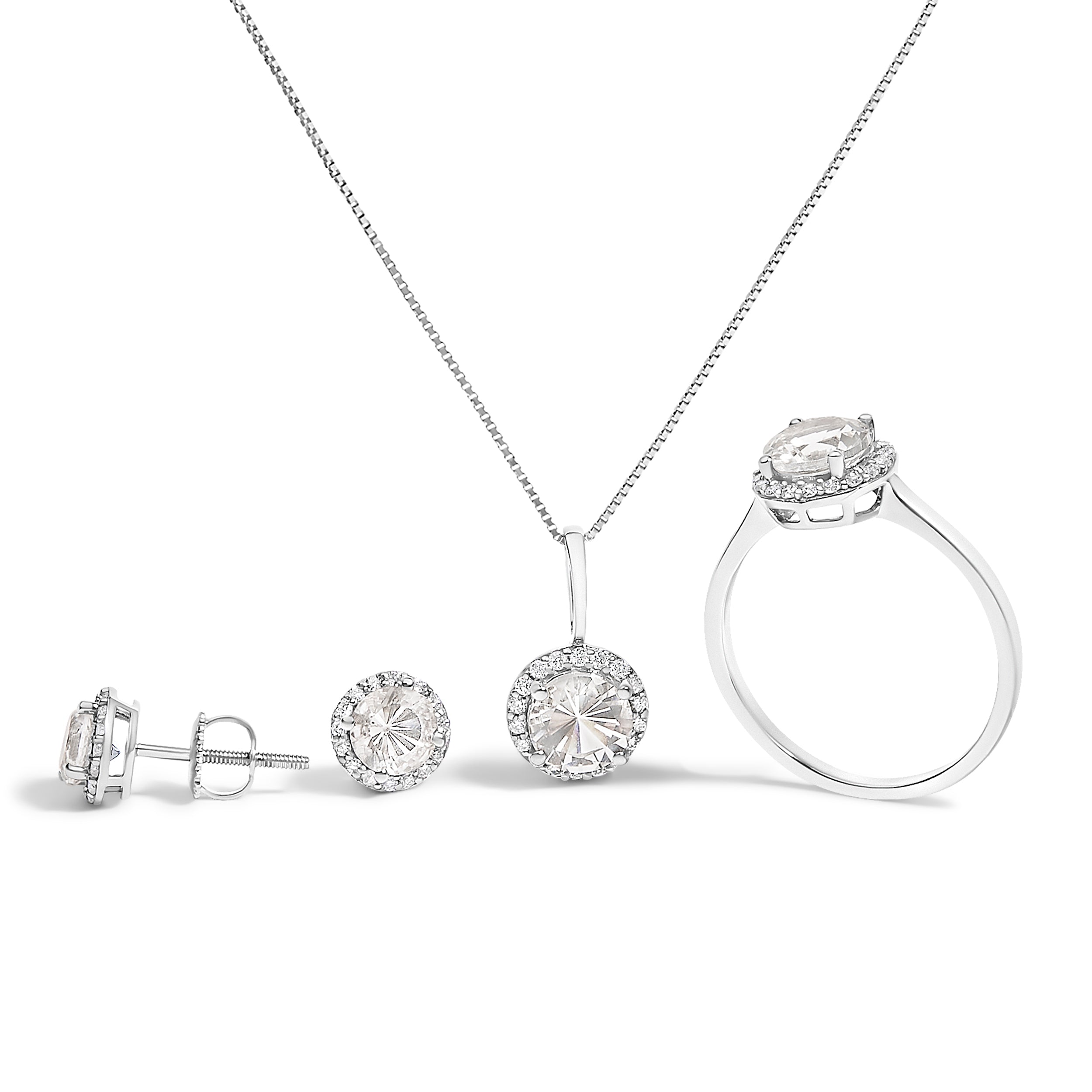 10K White Gold Purple Amethyst and 3/8 Cttw Diamond Halo Jewelry Set (Earrings, Pendant &amp; Ring)