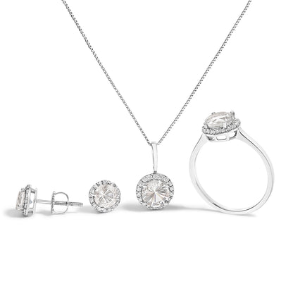 10K White Gold Purple Amethyst and 3/8 Cttw Diamond Halo Jewelry Set (Earrings, Pendant &amp; Ring)