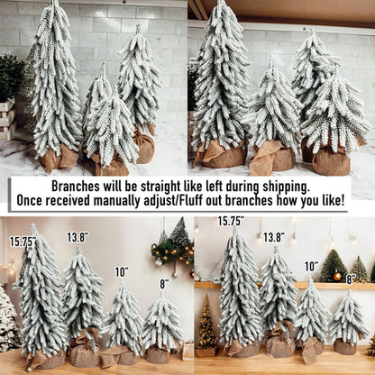 Snow Covered Christmas Trees - Set of 4 Realistic Faux Trees with Jute Base