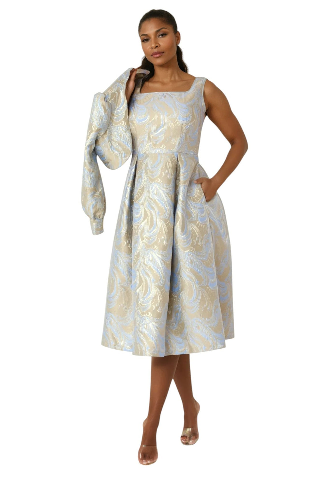 Two-Piece Metallic Swirl Brocade Dress with Balloon Sleeve Jacket- 4889 by Tally Taylor
