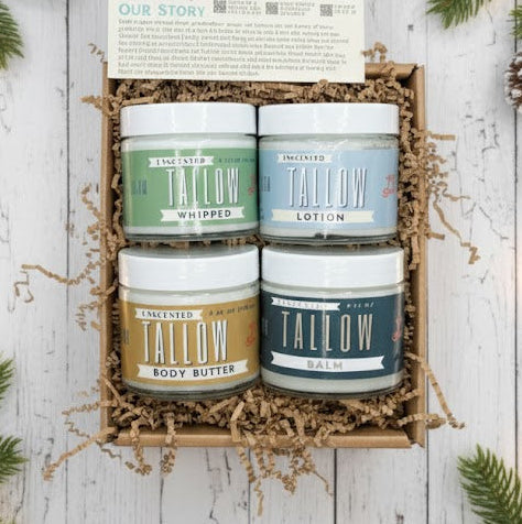 Unscented Tallow Skincare Collection | 4-Piece Gift Set | Grass-Fed Tallow Lotion, Body Butter, Balm &amp; Whipped Moisturizer