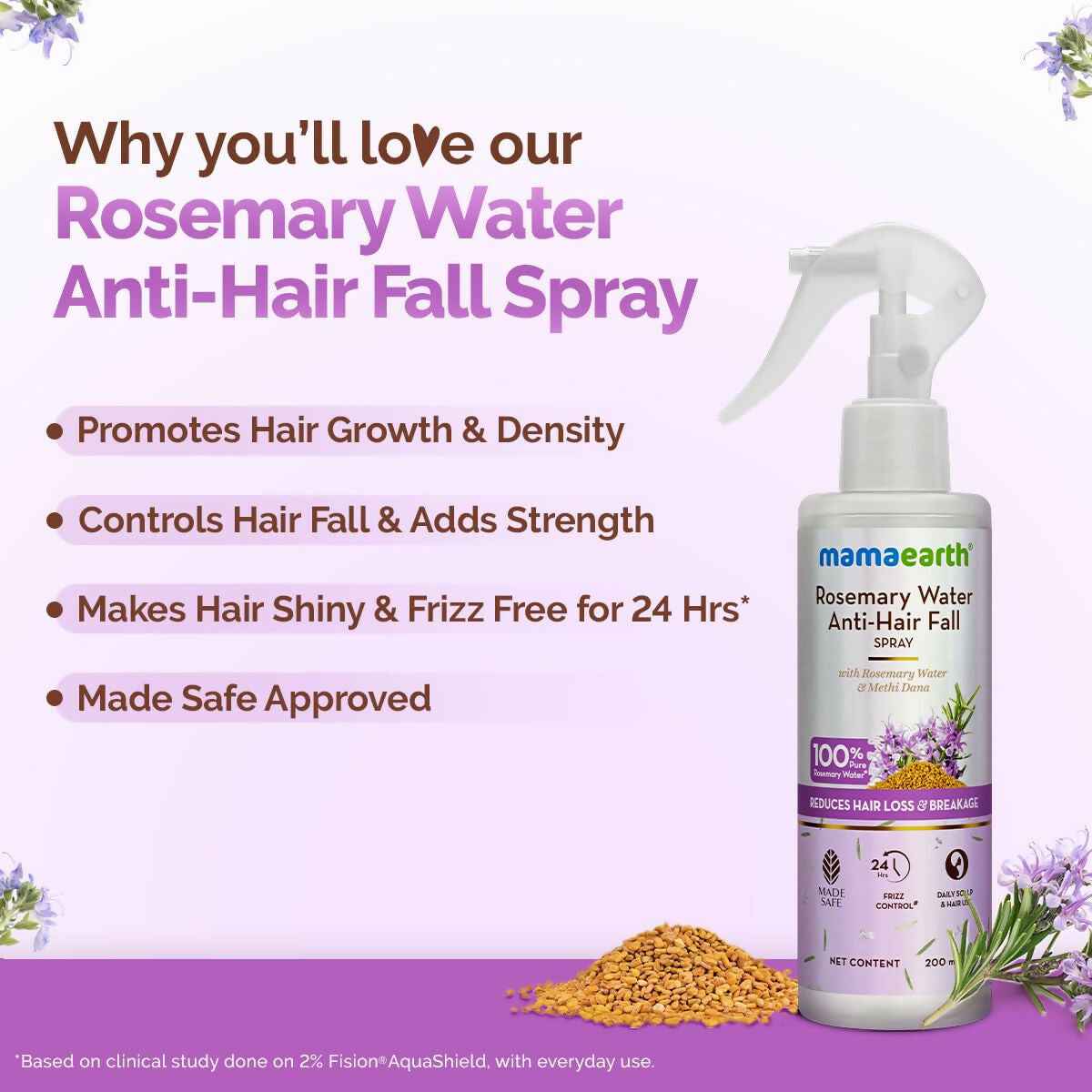 Mamaearth Rosemary Water Anti-Hair Fall Spray with 100% Pure Steam Distilled Rosemary Water &amp; Methi Dana for Hair