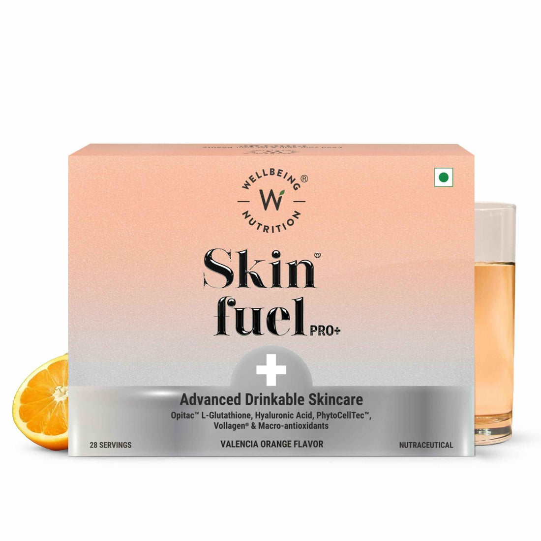 Wellbeing Nutrition Skin Fuel Pro+ - Valencia Orange Flavour, Reduced Pigmentation &amp; Dark Spots, Brightens Skin Tone, Anti-aging