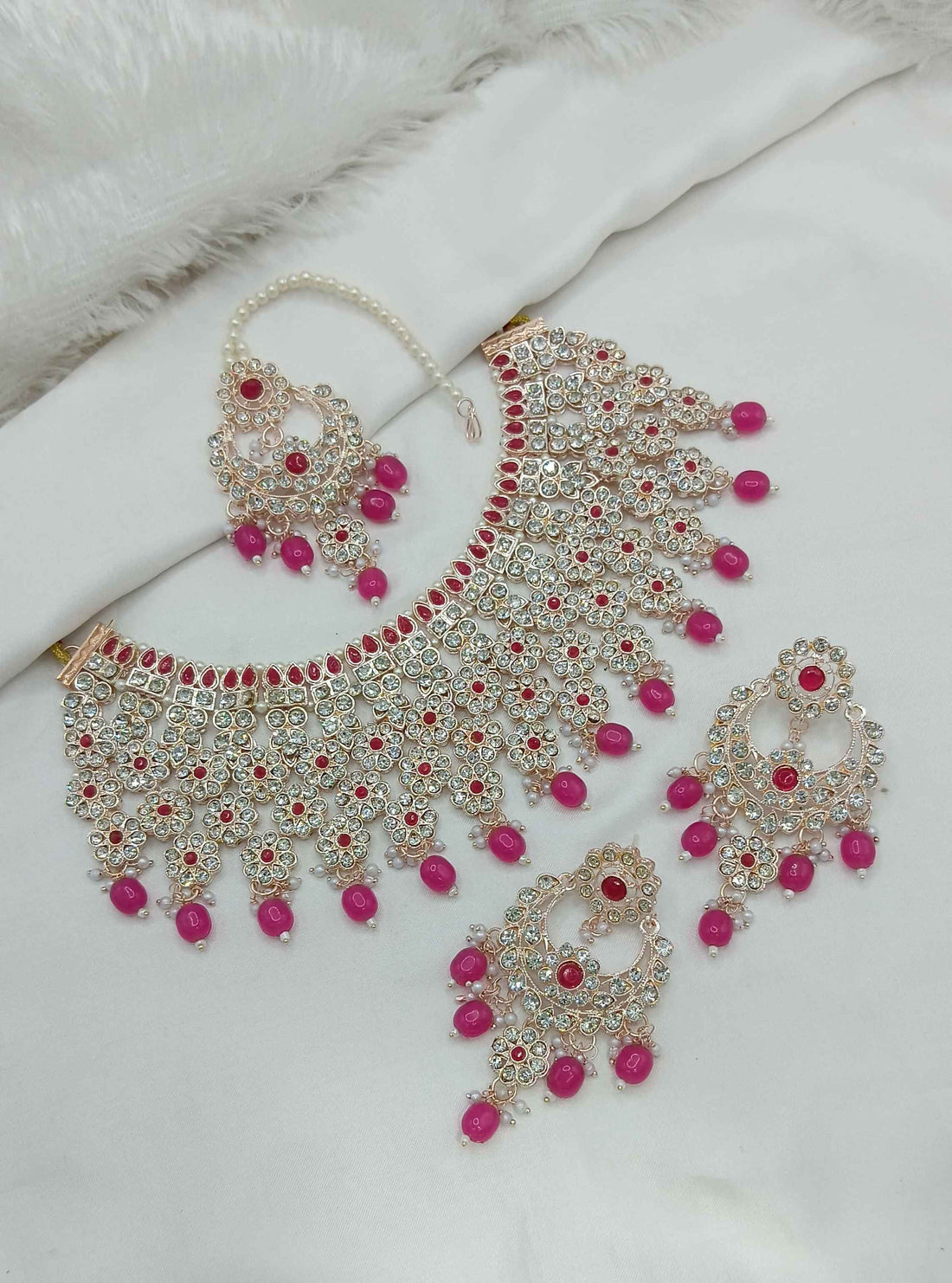 Joban Fashion Dark Pink Stone Work Necklace Set