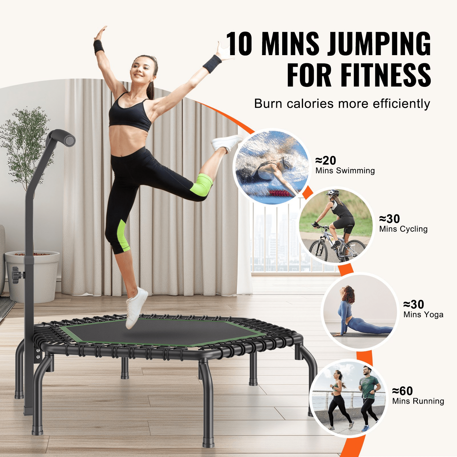 VEVOR Mini Fitness Trampoline for Adults, 54.5" Rebounder with Adjustable Handle, Quiet Bungee, 450 lb Capacity - DestGlow