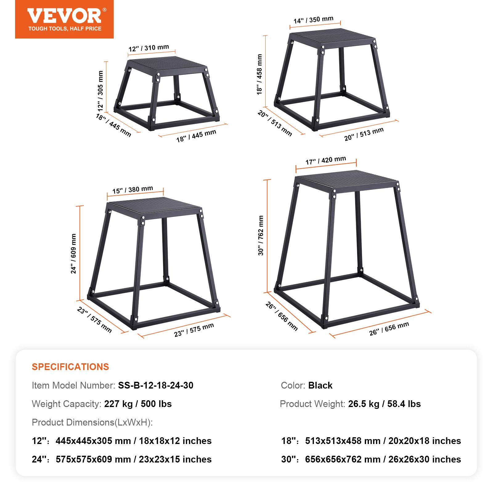 VEVOR Plyometric Jump Box Set, 12 18 24 30 Inch, Anti-Slip Steel Plyo Boxes for Home Gym Agility and Strength Training, 500 lb Capacity, Black by GNS Beauty &amp; Personal Care