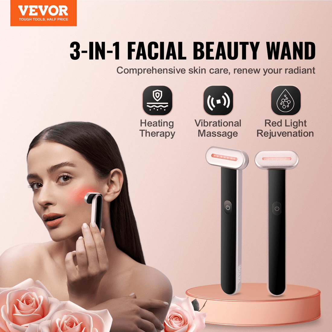 VEVOR Red Light Therapy Wand - 3-in-1 LED Device for Anti-Aging, Acne &amp; Skin Rejuvenation - DestGlow