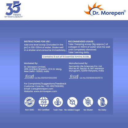 Dr. Morepen Skin Collagen Protein Powder With Hyaluronic Acid, Vitamin C, Sesbania &amp; Biotin - Pineapple Flavour