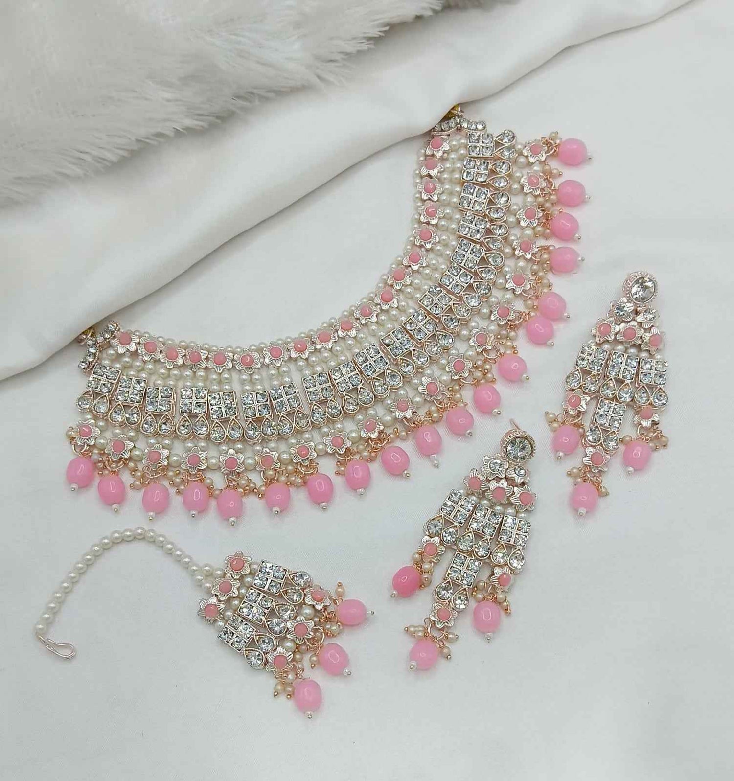 Joban Fashion Pink Stone With Pearl Work Necklace Set
