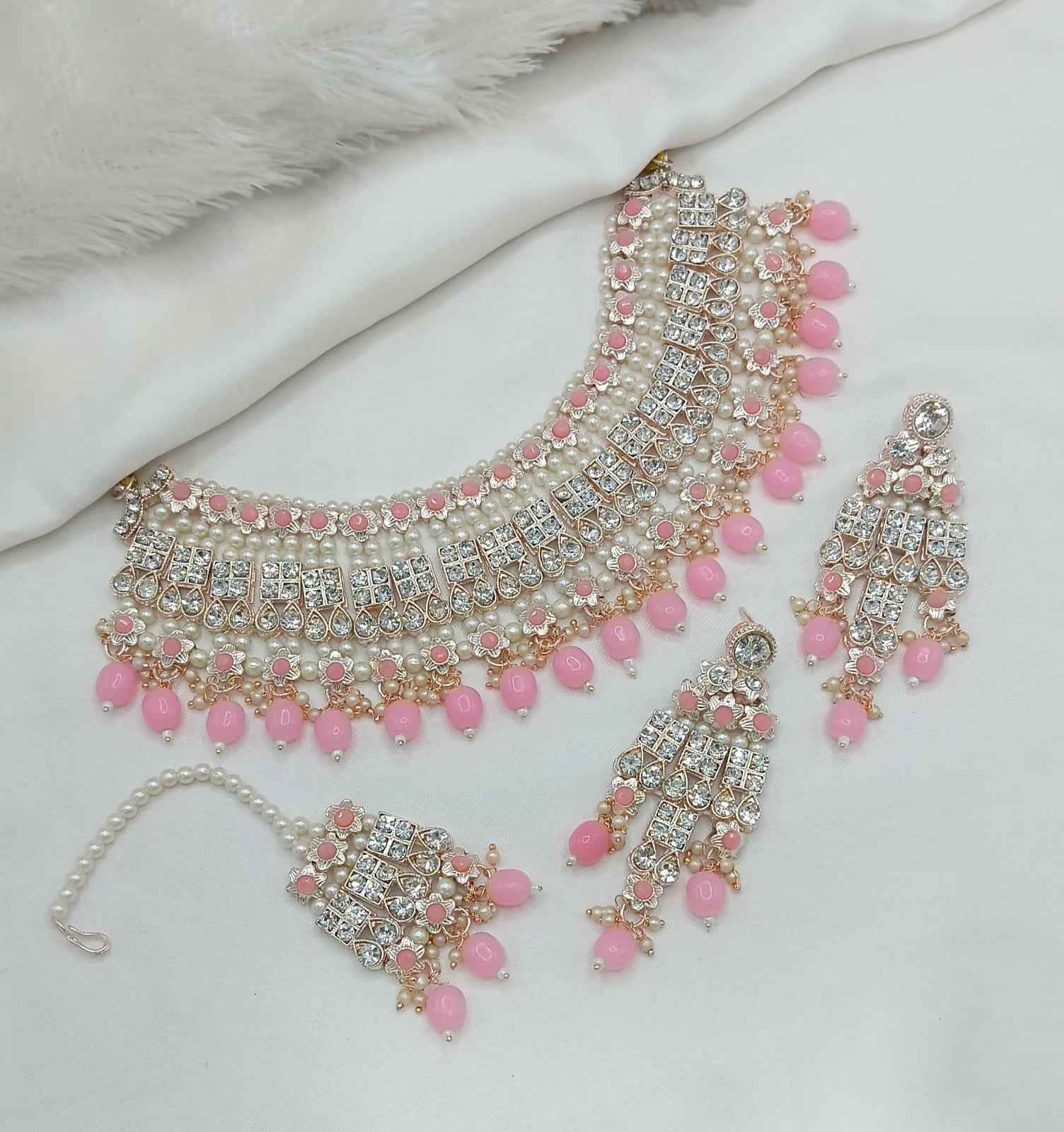 Joban Fashion Pink Stone With Pearl Work Necklace Set